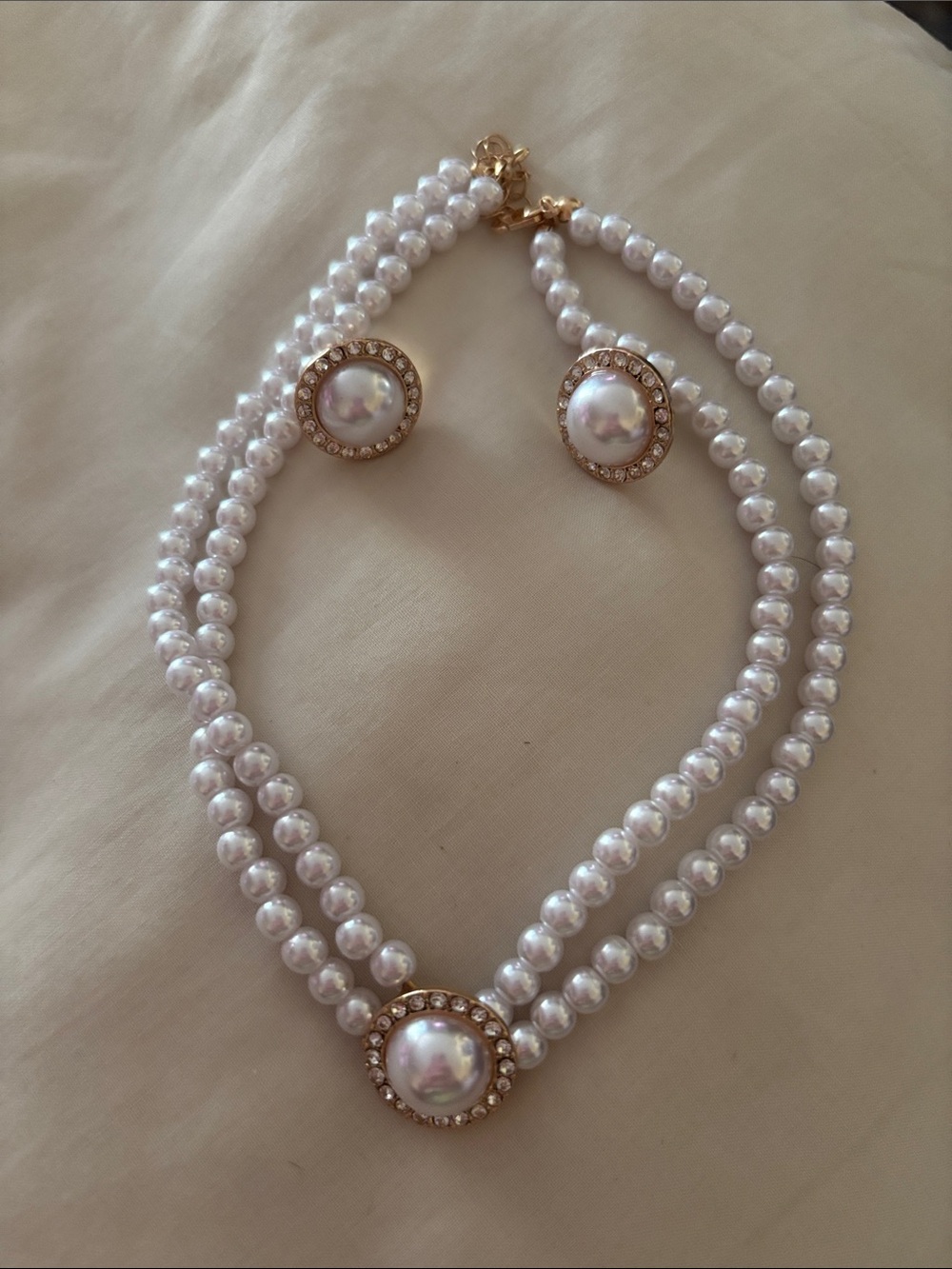 European White Pearl Triple-Strand Necklace and earrings with Gold Accent